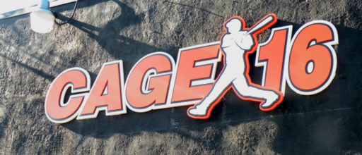 painted layered acrylic custom logo cage16 outside building