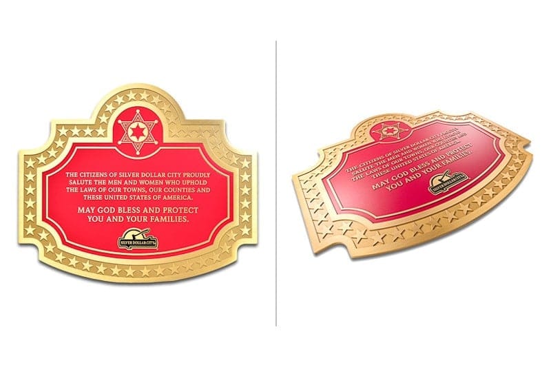 brushed cast brass plaque with red background for silver dollar city