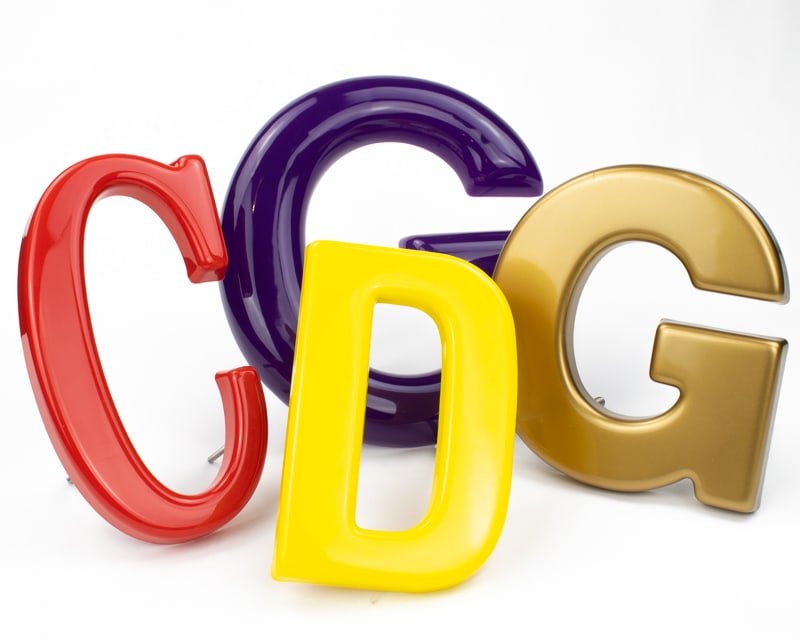 formed plastic letter options gold purple red and yellow in different font styles and sizes