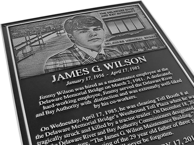 black and stainless colored aluminum memorial plaque